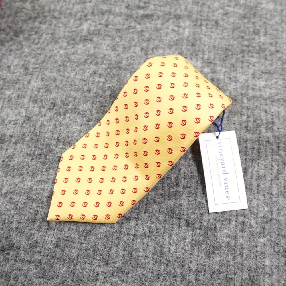 Vineyard Vines Necktie Mens Yellow Red Geometric Print Hand Made Silk L59 W3.5‎